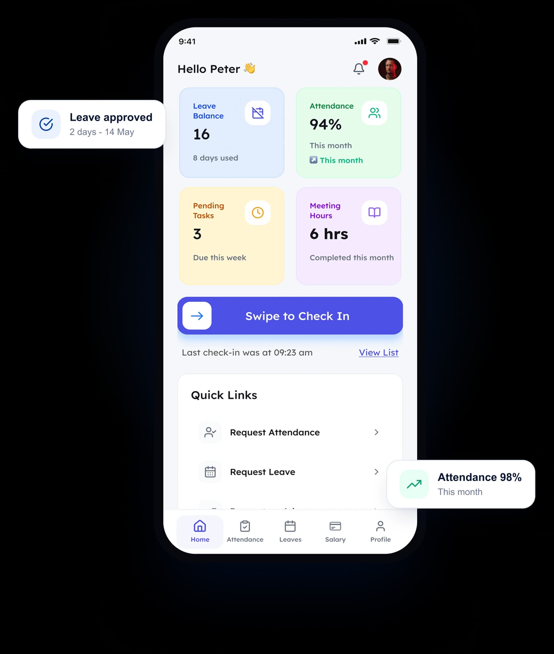 Mobile app showing leave balance, attendance, tasks and quick links