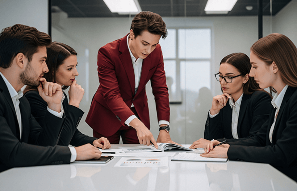 Recruitment team reviewing hiring plans around a conference table